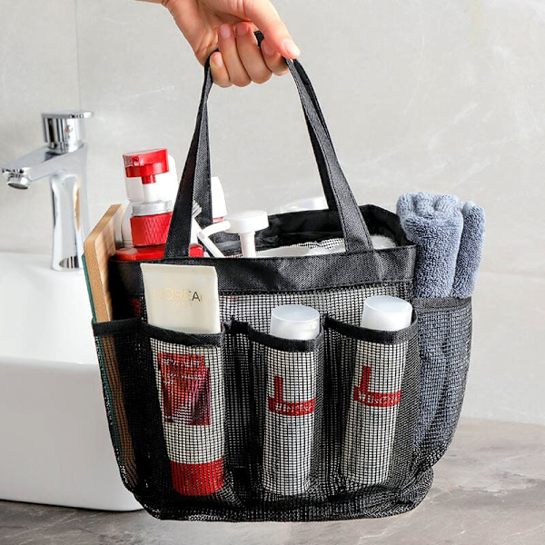 Mesh brusebadskurv - mesh brusebadskurv, mulepose, toilettaske, hurtigtørrende badeorganisator til strand, kollegier, gymnasium, lejr, sort