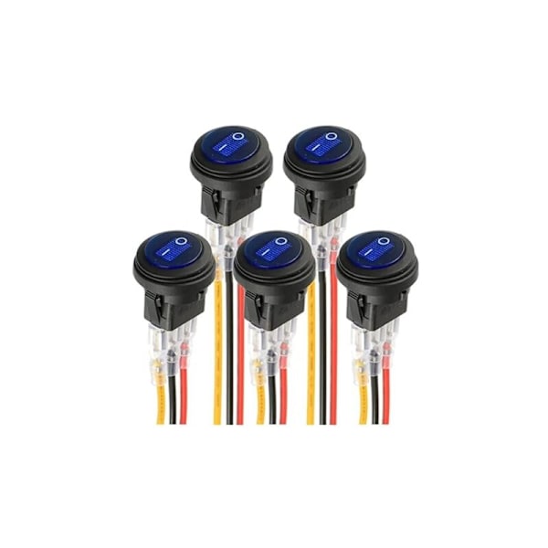 Blå LED Rund Strömbrytare Elektroluminescent KCD1-8 Vattentät Strömbrytare 12V 20A Marin och diverse vattentät 3-pins belysning med trådkontroll (5st