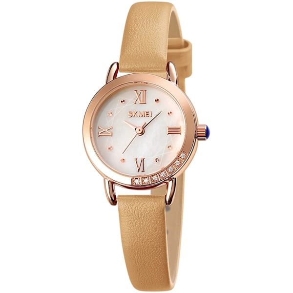 Vattentät Damklocka, Hand Quartz Rund Läder Liten Rund Klocka (Khaki)