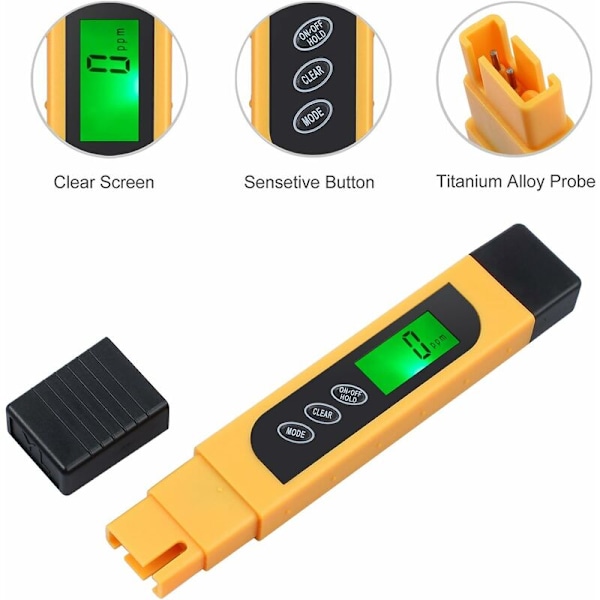Digital TDS-tester, bærbar penn + pH-papir, vannkvalitet TDS EC temperatur renhetsmåler Temp PPM-tester termometer for vann, 4 skjermmodus