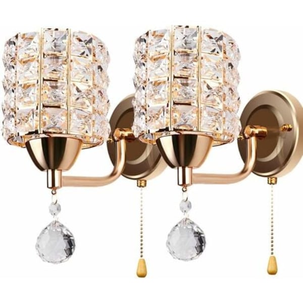 2x moderne krystal væglampe med trækkontakt, guld væglampe til soveværelse, gang, E14 fatning (ingen pære inkluderet)