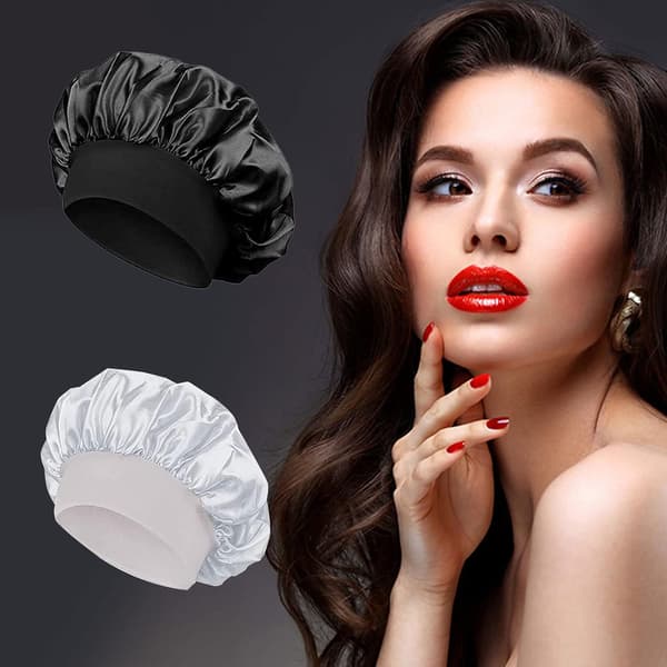 Sovesilke scrunchie, krøllet silkehat natkappe, løs stram bånd natkappe, blød satin hætte (sort + sølv)