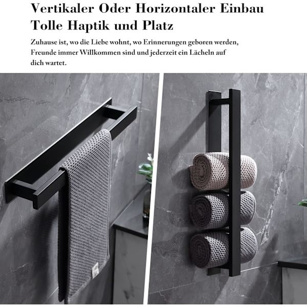 Almindelig sort håndklædestang, der ikke behøver at blive boret, badeværelse håndklædestang gæstehåndklæde vægmat sort rustfrit stål håndklædestang