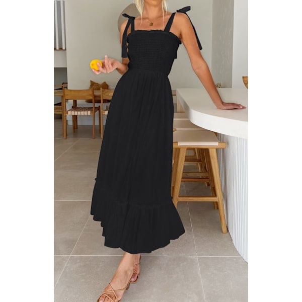 Kvinde 2023 Sommer Boheme Spaghetti Kjole, Firkantet Hals Solid Farve Ruffle A-Linje Strand Maxi Kjole