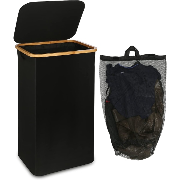 110 liters vasketøjskurv med netlomme og låg (sort), bambus