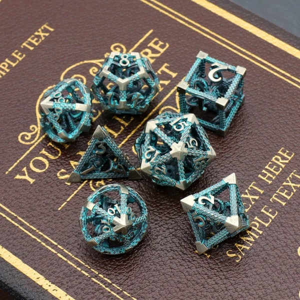 7 Dungeons and Dragons Terninger (Blå), HNCCESG Polyhedral Terningesæt Metal Blæksprutte 3D Hul Rollespil Terninger D4/D6/D8/D10 (0-9 og 00-90)/D12/D20