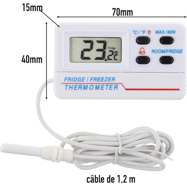 Digital kyl- eller frysskåpstermometer - med alarm - Max min funktion - 1,2 m kabel
