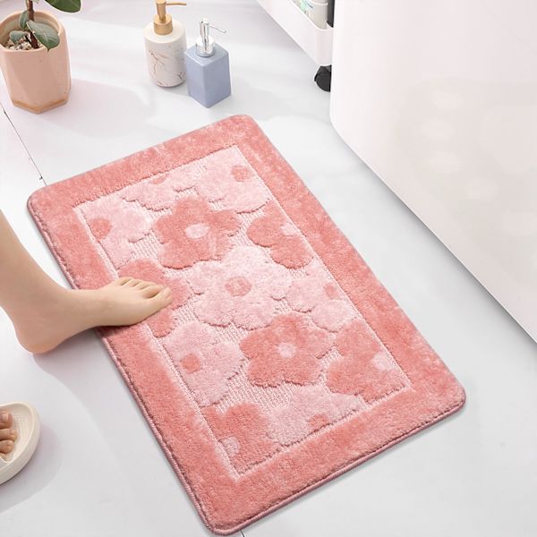 Blommig badrumsmatta i mikrofiber, mjuk och tjock, körsbärsblomma, halkfri, 40 x 60 cm (rosa)