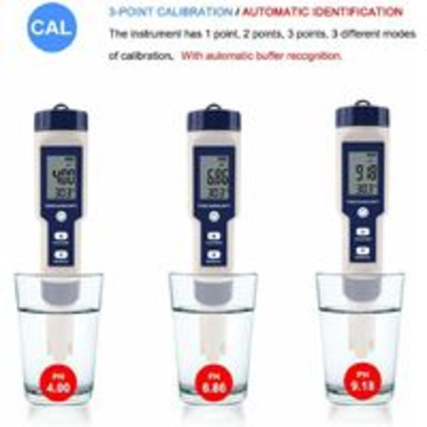 Triomphe Vandtester 5 i 1 Multifunktionel Vandkvalitetstester, Digital TDS/EC/Salinitet/PH/Temperatur til Drikkevand, Pool, Akvarium, Fisk T