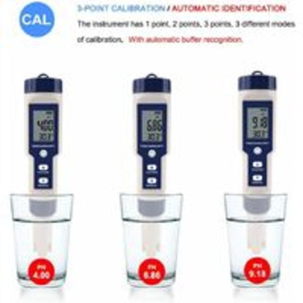 Triomphe Vattenprovare 5 i 1 Multifunktionell Vattenkvalitetstestare, Digital TDS/EC/Salinitet/PH/Temperatur för Dricksvatten, Pool, Akvarium, Fisk T