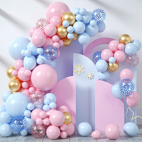 106 stk rosa og blå ballongbue-blomstrete sash gullballonger og P