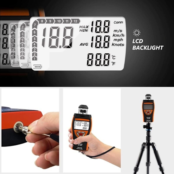 Digitalt anemometer, 4 Vindhastighetsmåler 0,742m/s kopper, laptop anemometer måler MAX/min/AVG vindhastighet og temperatur (℃/℉), indikatorstrøm med c