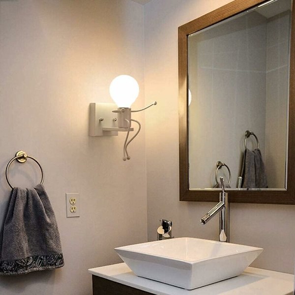 Robotvegglampe, kreativ moderne retro stil svart vegglampe, vegglamper for soverom nattbord barnerom korridor trapp (hvit)