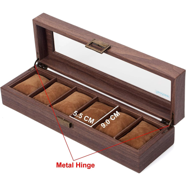 Etui för 6 klockor/display/låda/förvaring för klockor i PU och trä mönstrat glas