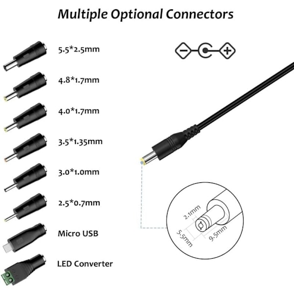 30W AC till DC Adapter Universell Sektor 3V 4.5V 5V 6V 7.5V 9V 12V, Multi-spänningsadapter med 8 DC-kontakter för hushållselektronik
