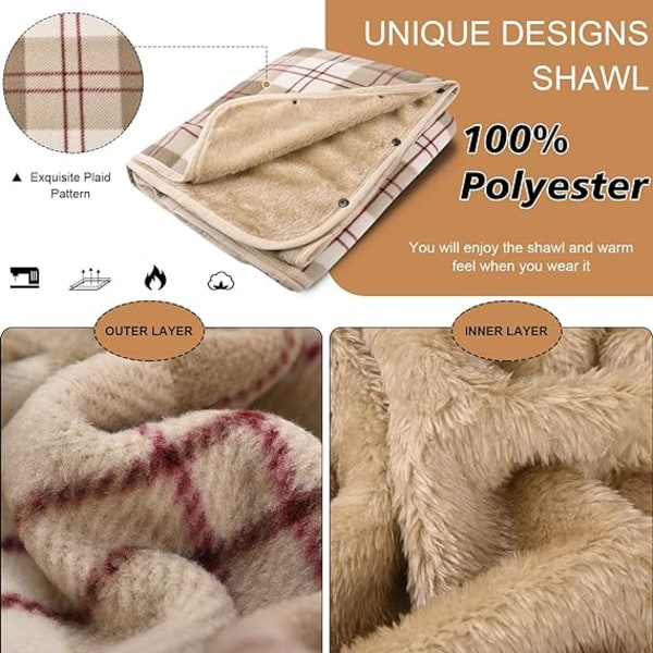 Dame poncho ull sjal wrap vinter varm myk tykk poncho med knapper rutete teppe ekstra stor poncho 100x140cm