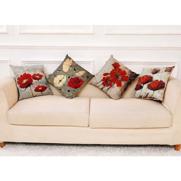 Konstgjord Blomkuddfodral 18x18 tum Set om 4 Röd Blomkuddfodral 45cm x 45cm Bohemian Linne Kvadratisk Kuddfodral Vardagsrum Soffa