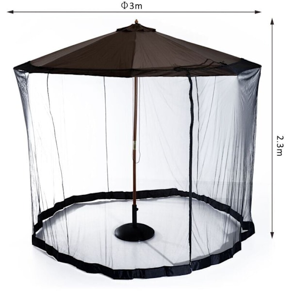 Myggenet diameter 3m x højde 2.3m, cylindrisk myggenet til parasol med lynlås og sort ballast