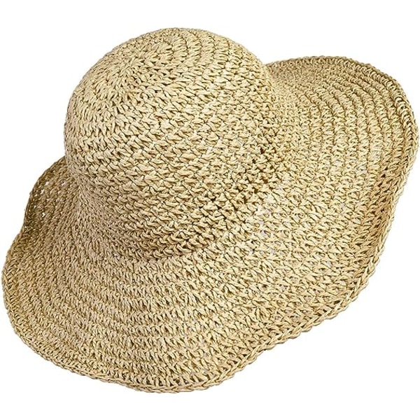 (Khaki) Strandhatt i strå för dam, vikbar solhatt, bred brätte tr