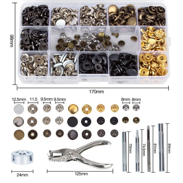 120 stk trykknappersett hule solide trykknapper metallspenne ringknapper syhåndverk 12,5 mm (Type2)
