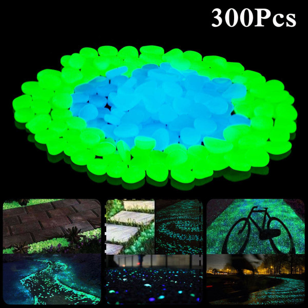 Luminous Pebbles, 300 kpl Sinivihreä Yöhohtava koristekivi