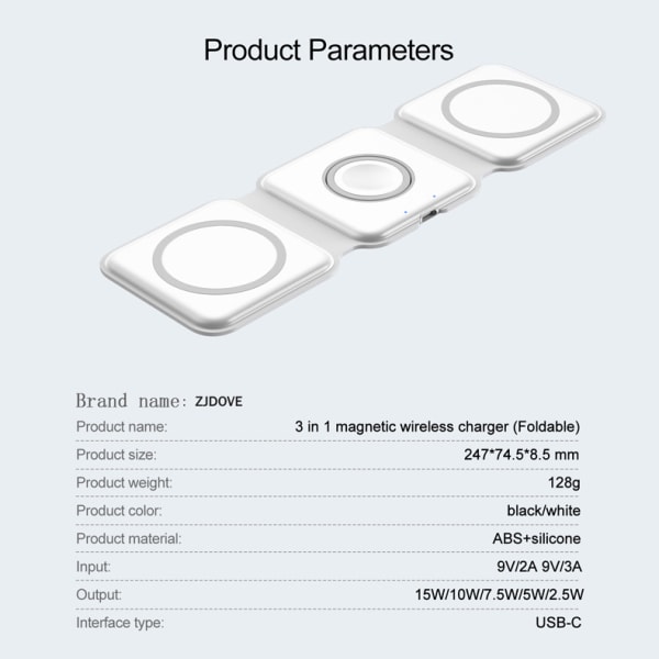 3 i 1 trådløs oplader magnetisk foldbar opladningsstation hurtig trådløs oplader - sort