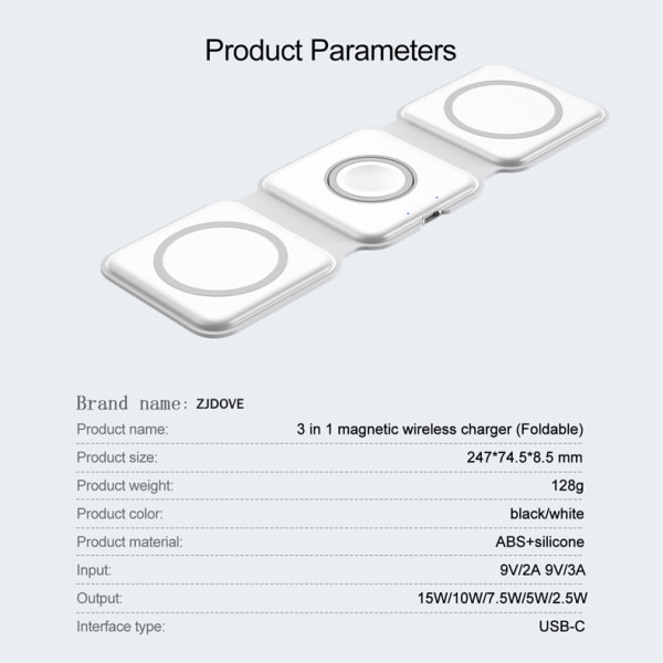 3 in 1 langaton laturi, magneettinen taitettava latausasema, nopea langaton laturi - musta