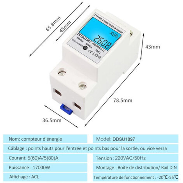 Engelsk skinne-type elektrisk energimåler husholdning enfaset elektrisk måler 220V watt-time måler multifunktion digitalt display multi-display 80A