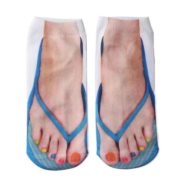 Imitation Sock Sandals 6 Par (37-42) Fancy 3D Mønster Trykte Sokker Flip-Flops Elastisk Bomuld Svedtransporterende Og Åndbar Lave Ankelsokker Til Kvinder Mænd