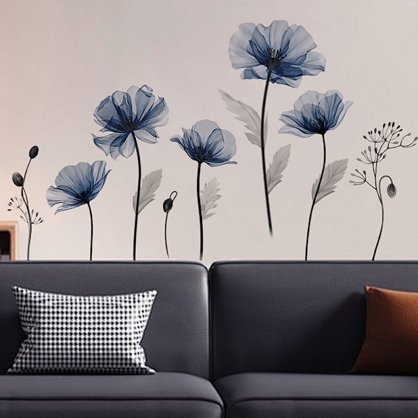 Väggdekaler Blå blommor Stor väggdekal blå blommor Vallmo Väggdekoration Badrum Badrum