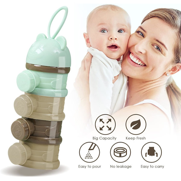 (Grøn) 4 rum formel dispenser baby flaske dispenser bærbar stabelbar formel dispenser.
