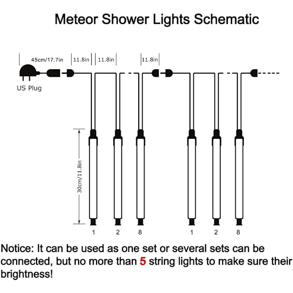 Julelys Utendørs Snøtre LED Lys 30cm 8 Rør, Luces de Navidad para Exterior, Meteorskur Falling Rain Drop Shooting Star Lys for