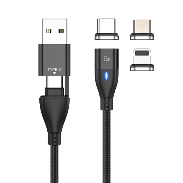 1 x Sort USB-kabel til PD60W hurtigopladning 2m kabel + (Android, TYPE-C, Apple) 3 magnetiske hoveder (6 kombinationer) USB C, Micro USB, iP - Magnetisk C Ca