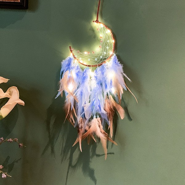 Drømmefanger Måne med LED Lys Håndlaget Flyttbar Drømmefanger Turkis Anheng Vegg Hengende Ornament for Hjem Soverom Veggdekor Håndverk Gave
