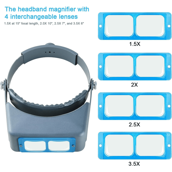 Håndfri Forstørrelsesglas Smykke Lupe Hovedmonteret Hjelm Forstørrelsesglas Visir Optisk Glas 4 Udskiftelige Linser til Læsning Reparation