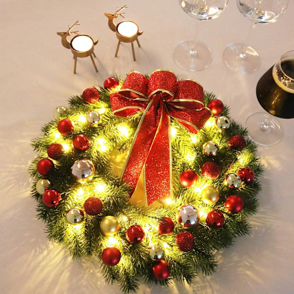 Julekrans med 40 LED-lys, batteridrevet, julefestdekorasjon, 40,64 cm med timer og metallkrok