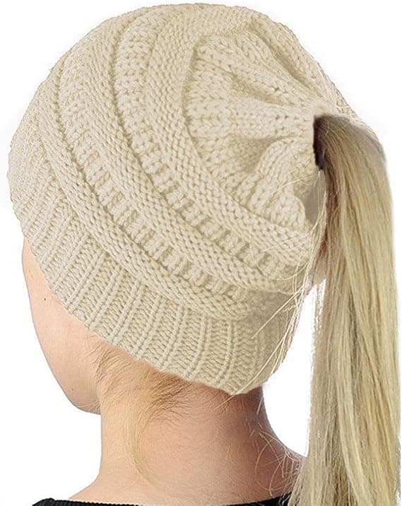 Vinter Dam Ponnytail Mössa - Dam Ponnytail Mössa Kabel Stretch Stickad Mössa Vinter Utomhus Varm Messy Bun Mössa Med Hål