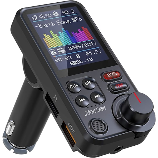 Bluetooth FM-sender, Bluetooth-bilradioadapter med kraftig mikrofon med 1,8\" fargeskjerm, støtte for QC3.0 musikkspiller, diskant og bass -