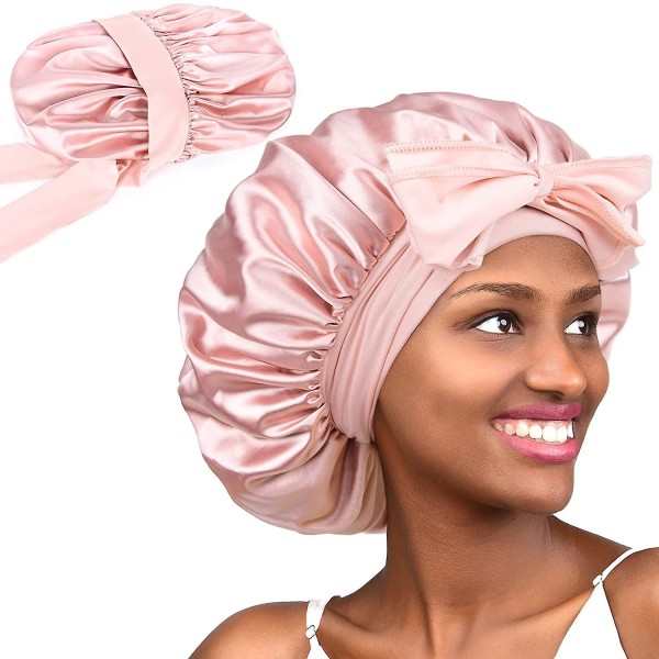 Hot Pink Silk Satin Bonnet för att sova Dubbellager Satinfodrad