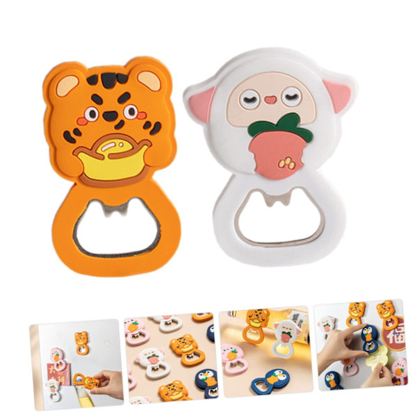2-pack Cartoon Cap-öppnare Soda Can-öppnare Flask Cap Catcher Dryckesflasköppnare Kylskåp Silikon Rostfritt Stål Magnetisk Flasköppnare