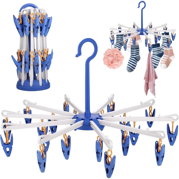 2-pakkaus sukkien kuivausteline, pyörivä narukuivausteline, sininen sukkien kuivausteline 20 taittuvalla sukkien kuivausharjalla alusvaatteille, hatuille, huiveille