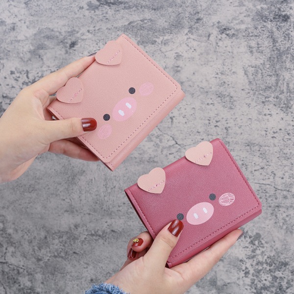 Søt grismønster Slim Fit Tre-fold kort lommebok (lys rosa) Wo