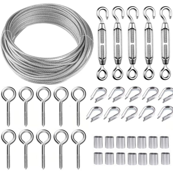 Ruostumattomasta teräksestä valmistettu metallikaapelisarja 30 m / 2 mm, jossa tukeva M5-vaijerikiristin, aitalankapyöräsarja, kaapelikäsijohdesarja, puutarhalangan kiristimet kiipeilyyn