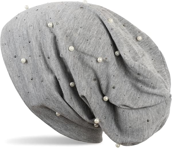 Ljusgrå mössa med pärlor och strass, mjuk mössa, unisex