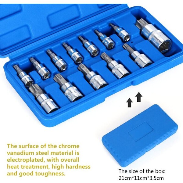 13 stk. Torx Pipenøkkelsett, T8 - T70 Bits Pipenøkkelsett, Hunn Torx Pipenøkler, Torx Bits Pipenøkkelsett, Krom Vanadium Stål 1/4\", 3/8\" og 1/2\" Feste