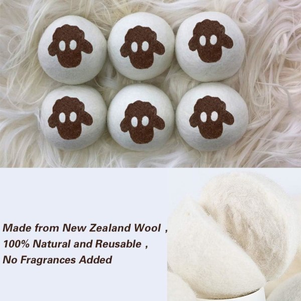 Tørketrommelballer, Pakke med 6 ull tørketrommelballer for klesvask, Gjenbrukbare tørketrommelballer for Betty Wool, Hvite lammeull tørketrommelballer for klesvask