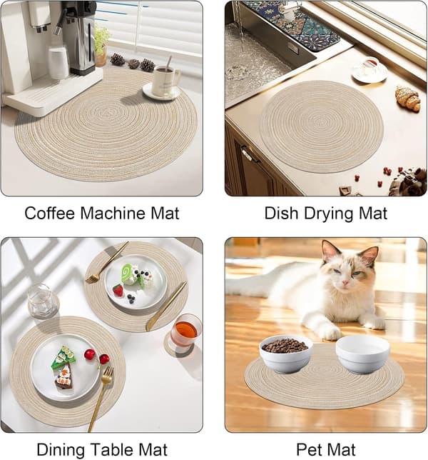 (Beige, Set om 6) 38 cm vävda runda placemats värmeisolerade halkfria flätade bomulls middagsbordsmatta