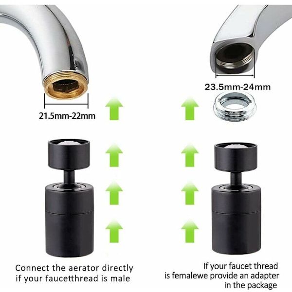 Hanan ilmastin, kääntyvä 360 astetta - 2 säädettävää tilaa Säädettävä suodatin Suodatin Suodatin keittiöön kylpyhuoneeseen, 24 mm:n ja 22 mm:n ulkokierreadapterilla