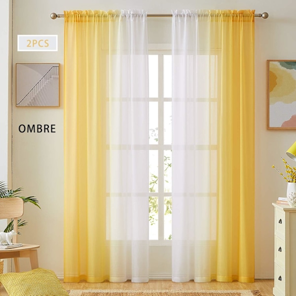 Ombre Skira Gardinen 137x213 cm - Imitationslinne Dubbelsidiga (Set om 2) - Ljusfiltrerande med Integritet - Gul Gradient för Sovrum/Vardagsrum