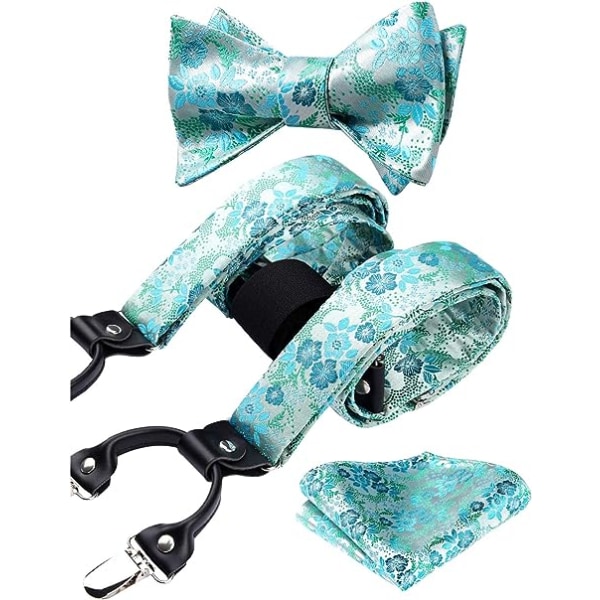 Herr Bow Tie Suspender och Näsduk Set Herr Justerbar Paisley Blommig Blomma Suspender med 6 Klämmor